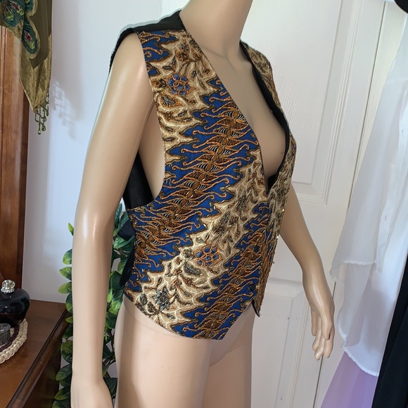 Vintage 80s beaded sleeveless black satin fancy VEST jacket L - Picture 15 of 16